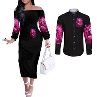 Skull Lady Couples Matching Off The Shoulder Long Sleeve Dress and Long Sleeve Button Shirt Look Hot Be Cold