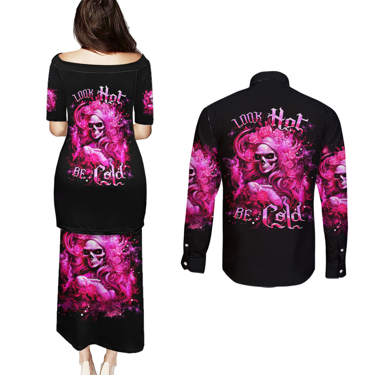 Skull Lady Couples Matching Puletasi and Long Sleeve Button Shirt Look Hot Be Cold - Wonder Print Shop
