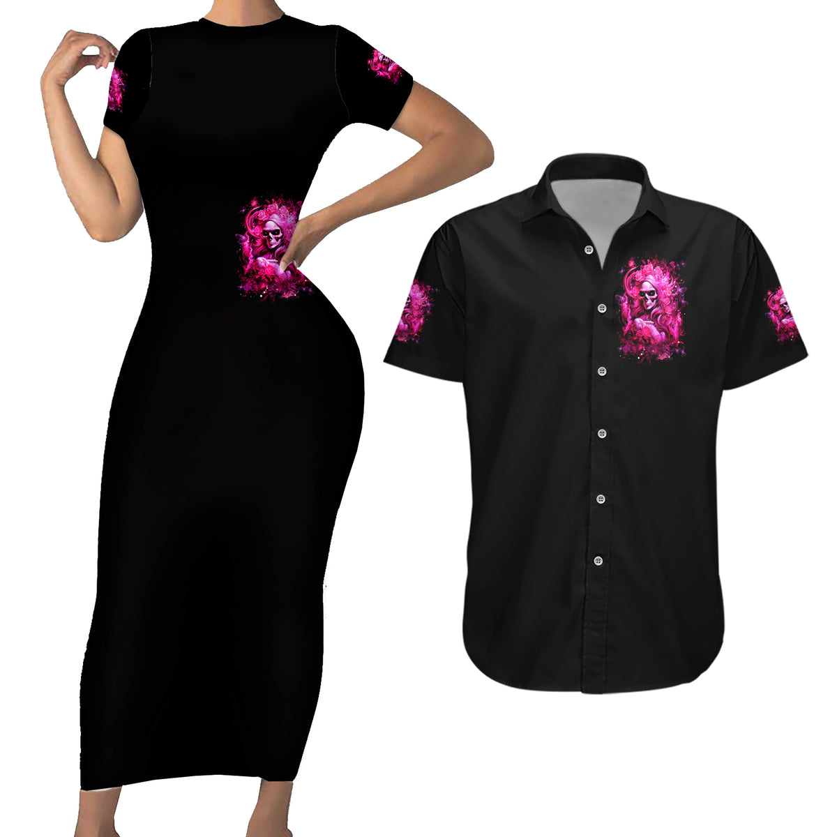 Skull Lady Couples Matching Short Sleeve Bodycon Dress and Hawaiian Shirt Look Hot Be Cold - Wonder Print Shop