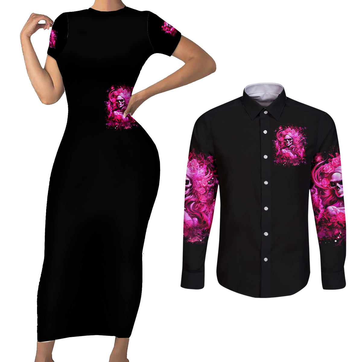 Skull Lady Couples Matching Short Sleeve Bodycon Dress and Long Sleeve Button Shirt Look Hot Be Cold - Wonder Print Shop