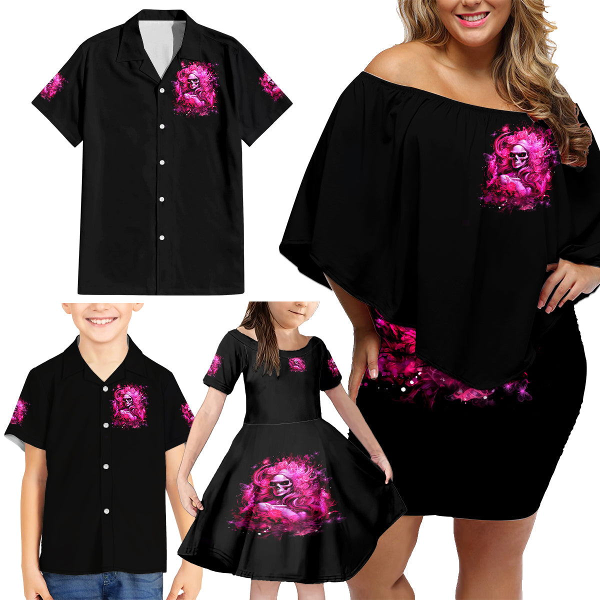 Skull Lady Family Matching Off Shoulder Short Dress and Hawaiian Shirt Look Hot Be Cold - Wonder Print Shop