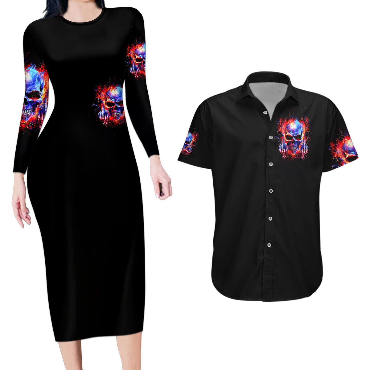 Flame Skull Couples Matching Long Sleeve Bodycon Dress and Hawaiian Shirt My Give A Fuck Is Broken But My Go Fuck Yourself Is Fully Functional - Wonder Print Shop