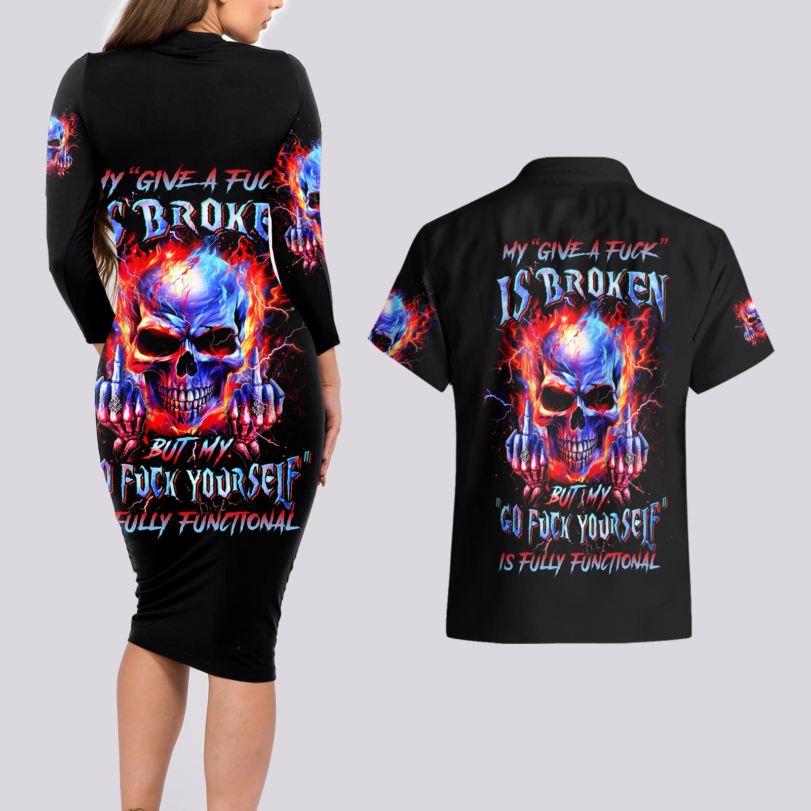 Flame Skull Couples Matching Long Sleeve Bodycon Dress and Hawaiian Shirt My Give A Fuck Is Broken But My Go Fuck Yourself Is Fully Functional - Wonder Print Shop