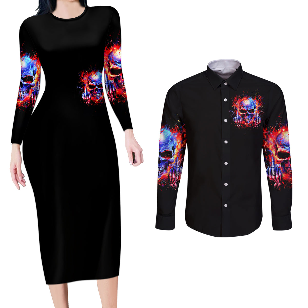 Flame Skull Couples Matching Long Sleeve Bodycon Dress and Long Sleeve Button Shirt My Give A Fuck Is Broken But My Go Fuck Yourself Is Fully Functional - Wonder Print Shop