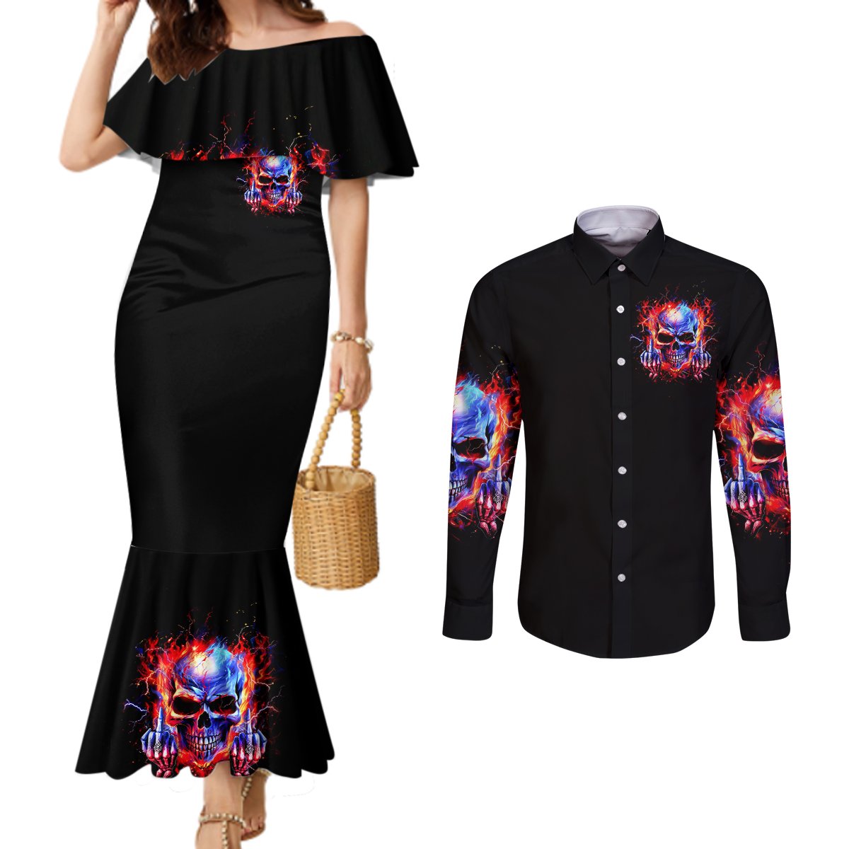 Flame Skull Couples Matching Mermaid Dress and Long Sleeve Button Shirt My Give A Fuck Is Broken But My Go Fuck Yourself Is Fully Functional