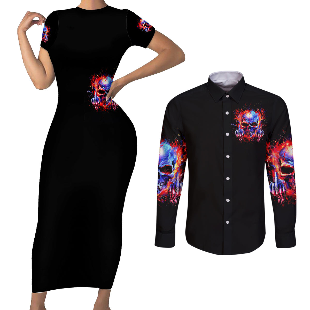 Flame Skull Couples Matching Short Sleeve Bodycon Dress and Long Sleeve Button Shirt My Give A Fuck Is Broken But My Go Fuck Yourself Is Fully Functional - Wonder Print Shop