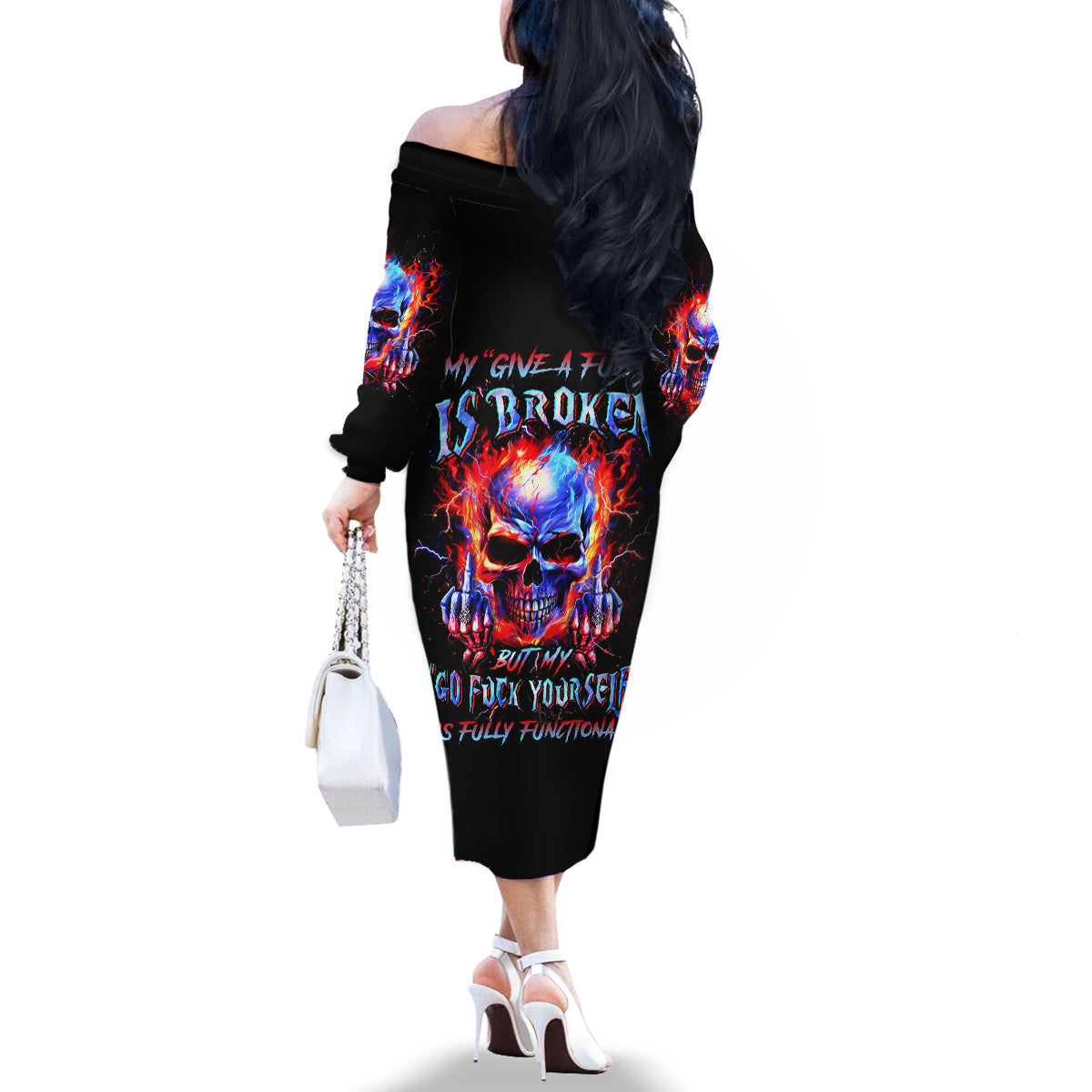 Flame Skull Family Matching Off Shoulder Long Sleeve Dress and Hawaiian Shirt My Give A Fuck Is Broken But My Go Fuck Yourself Is Fully Functional - Wonder Print Shop