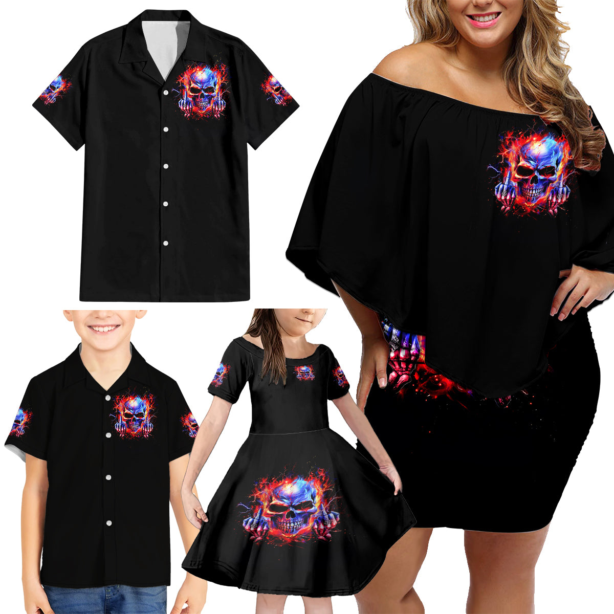 Flame Skull Family Matching Off Shoulder Short Dress and Hawaiian Shirt My Give A Fuck Is Broken But My Go Fuck Yourself Is Fully Functional - Wonder Print Shop