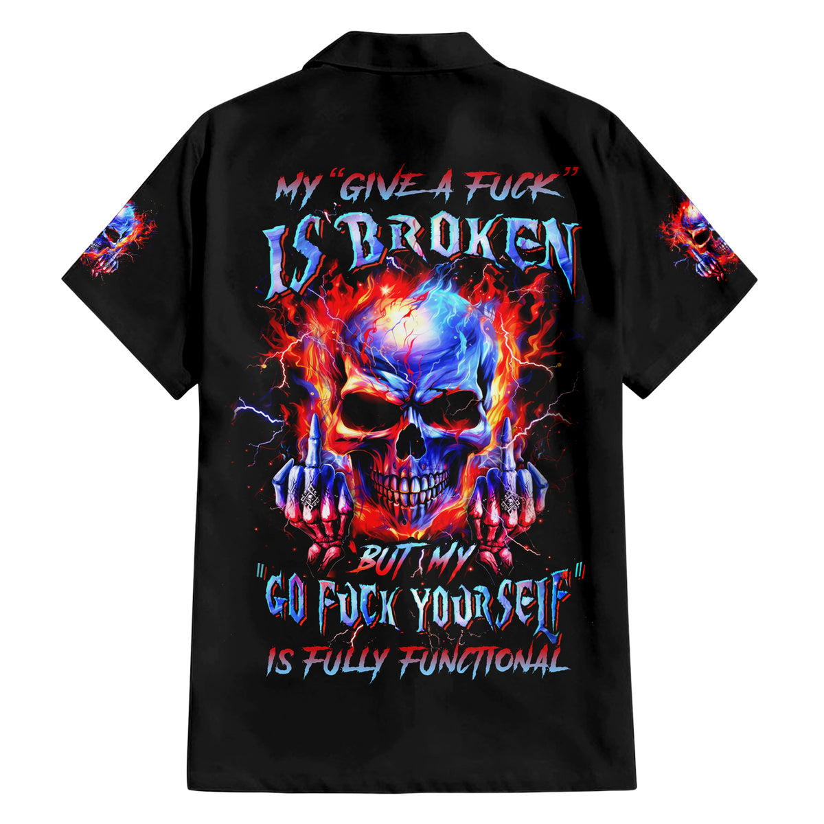 Flame Skull Family Matching Short Sleeve Bodycon Dress and Hawaiian Shirt My Give A Fuck Is Broken But My Go Fuck Yourself Is Fully Functional - Wonder Print Shop