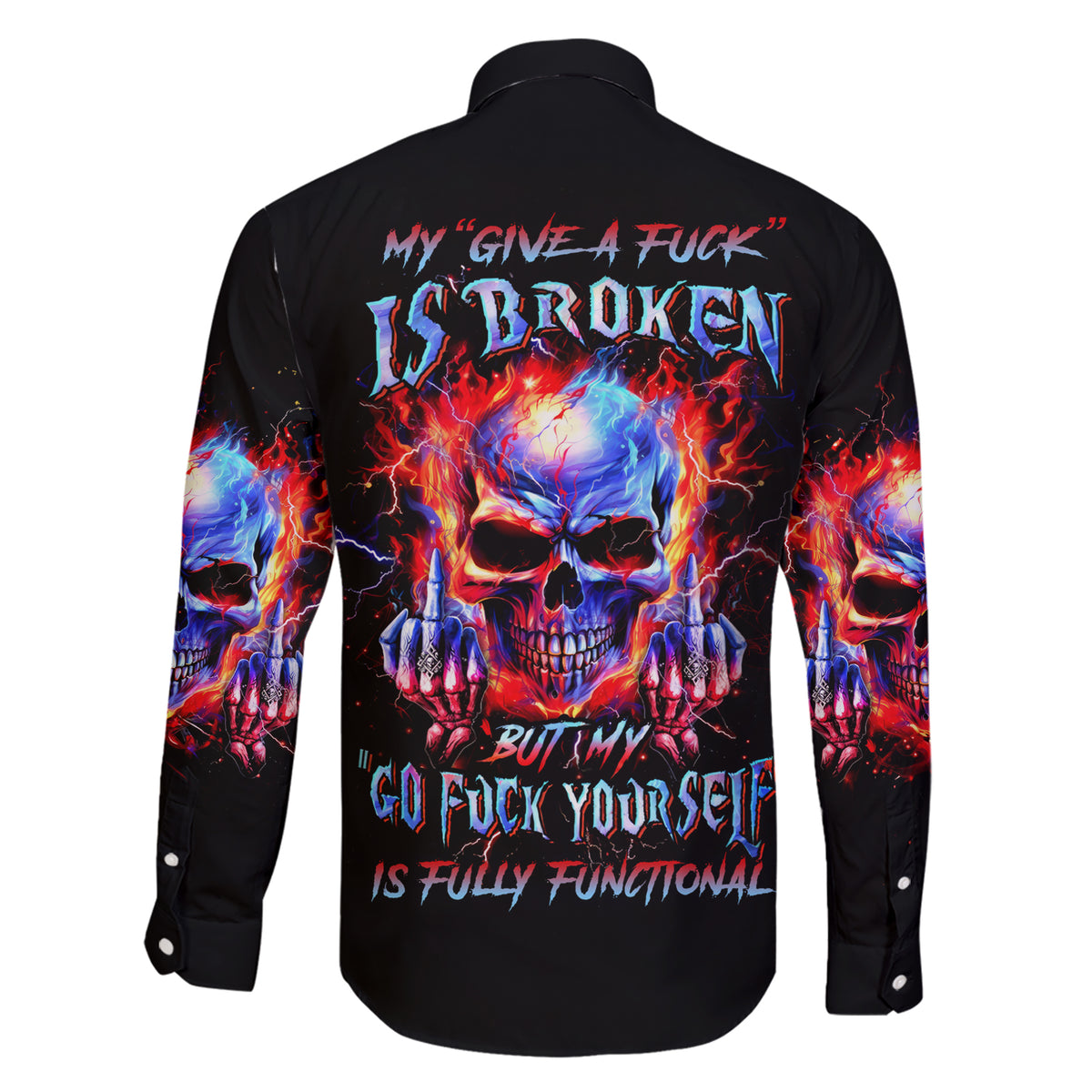 Flame Skull Family Matching Short Sleeve Bodycon Dress and Hawaiian Shirt My Give A Fuck Is Broken But My Go Fuck Yourself Is Fully Functional - Wonder Print Shop