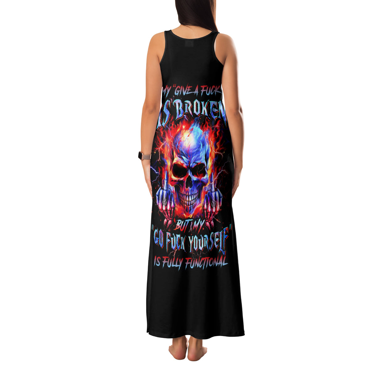 Flame Skull Family Matching Tank Maxi Dress and Hawaiian Shirt My Give A Fuck Is Broken But My Go Fuck Yourself Is Fully Functional - Wonder Print Shop
