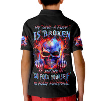 Flame Skull Kid Polo Shirt My Give A Fuck Is Broken But My Go Fuck Yourself Is Fully Functional - Wonder Print Shop