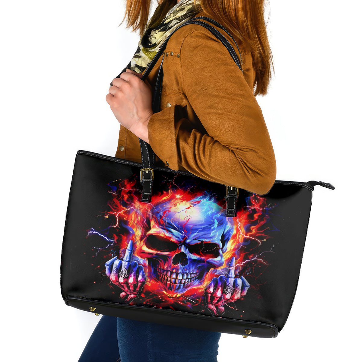 Flame Skull Leather Tote Bag My Give A Fuck Is Broken But My Go Fuck Yourself Is Fully Functional - Wonder Print Shop