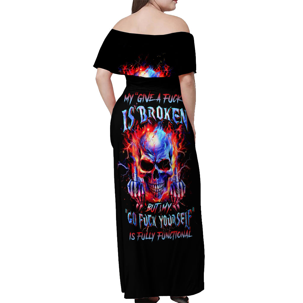 Flame Skull Off Shoulder Maxi Dress My Give A Fuck Is Broken But My Go Fuck Yourself Is Fully Functional - Wonder Print Shop