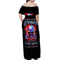 Flame Skull Off Shoulder Maxi Dress My Give A Fuck Is Broken But My Go Fuck Yourself Is Fully Functional - Wonder Print Shop