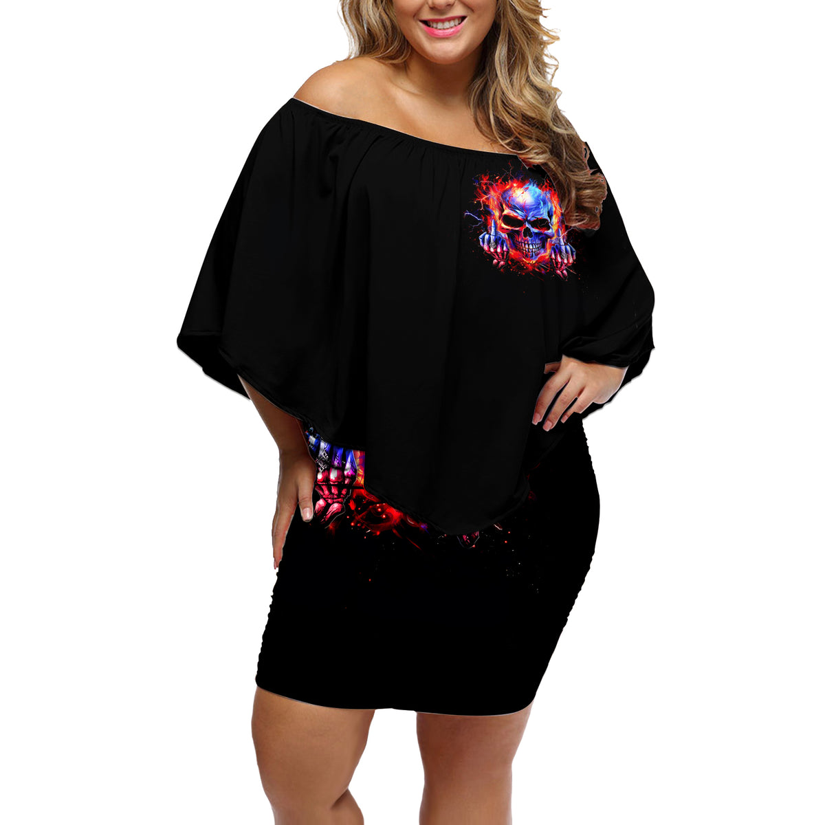 Flame Skull Off Shoulder Short Dress My Give A Fuck Is Broken But My Go Fuck Yourself Is Fully Functional - Wonder Print Shop