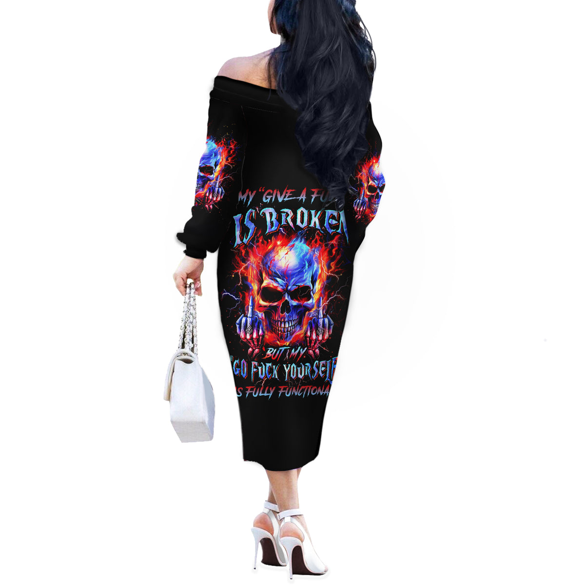 Flame Skull Off The Shoulder Long Sleeve Dress My Give A Fuck Is Broken But My Go Fuck Yourself Is Fully Functional - Wonder Print Shop