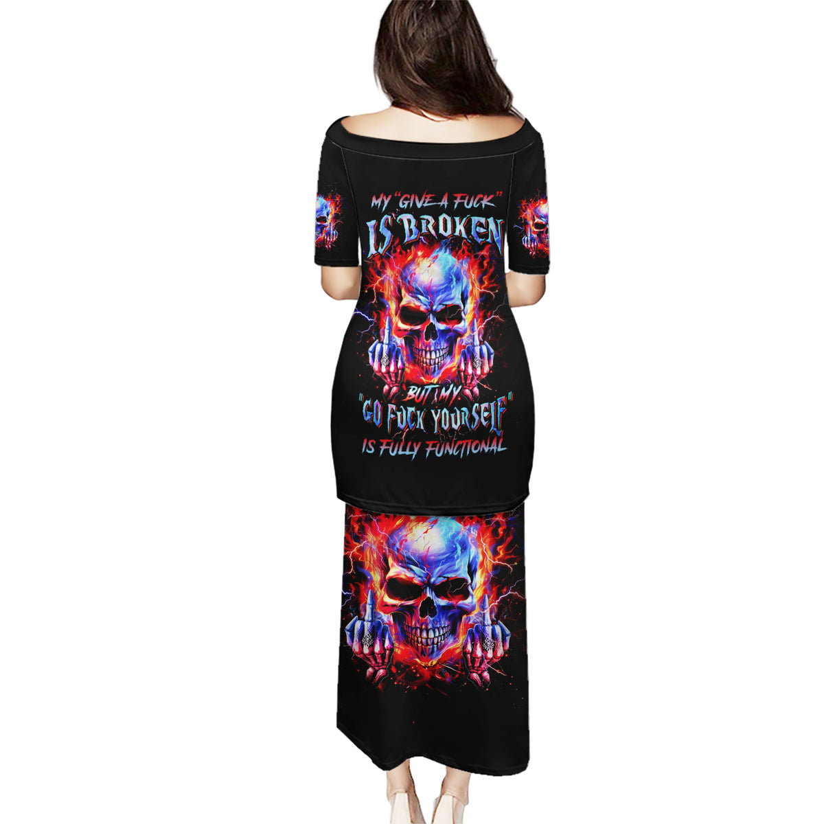 Flame Skull Puletasi My Give A Fuck Is Broken But My Go Fuck Yourself Is Fully Functional - Wonder Print Shop