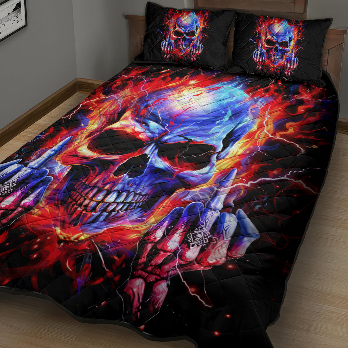 Flame Skull Quilt Bed Set My Give A Fuck Is Broken But My Go Fuck Yourself Is Fully Functional - Wonder Print Shop