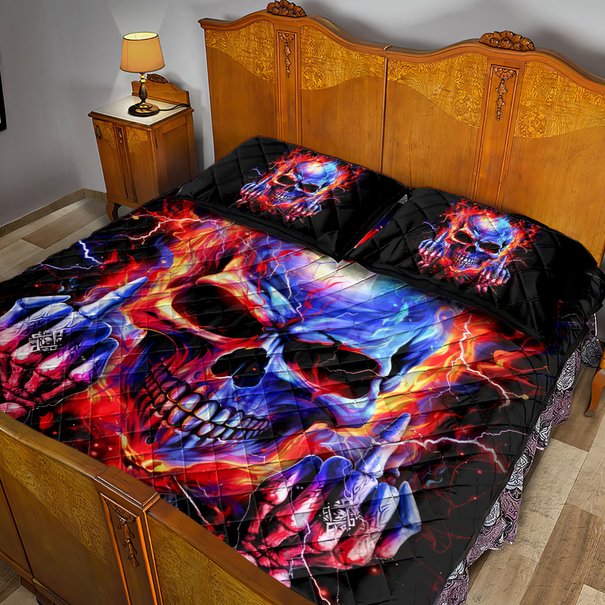 Flame Skull Quilt Bed Set My Give A Fuck Is Broken But My Go Fuck Yourself Is Fully Functional - Wonder Print Shop