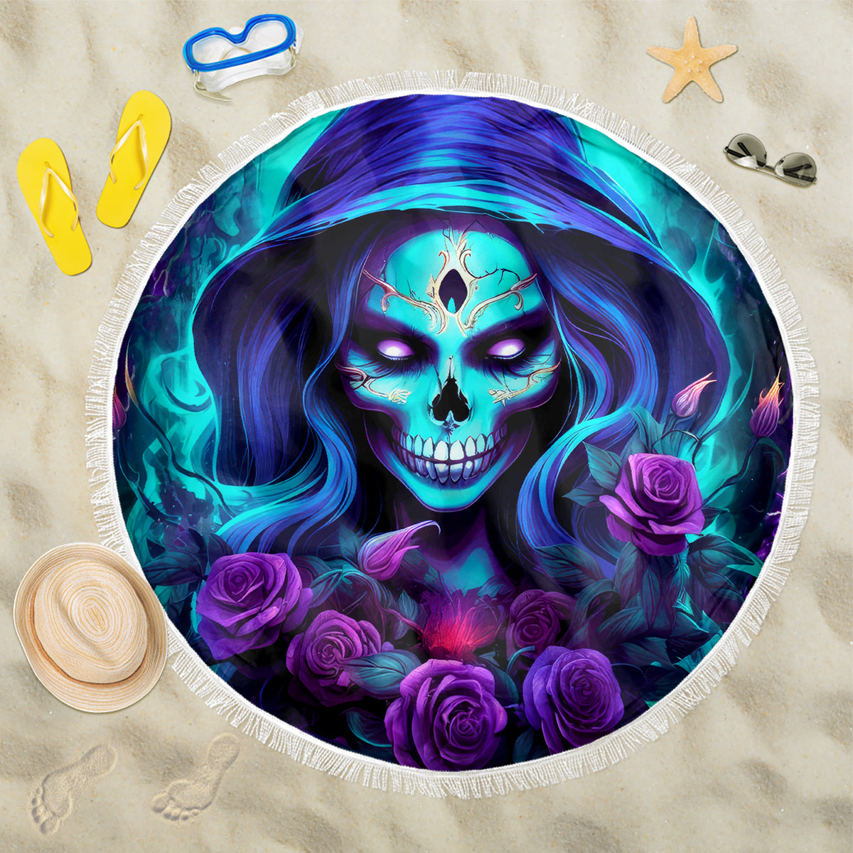 Skull Lady Beach Blanket Rose Skull She Whispered Back Iam The Storm - Wonder Print Shop