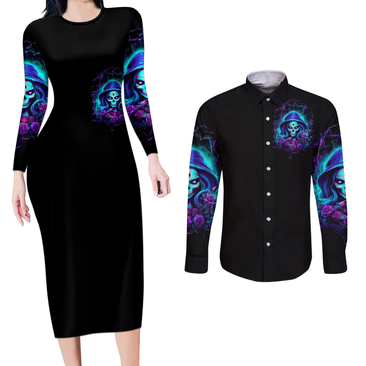 Skull Lady Couples Matching Long Sleeve Bodycon Dress and Long Sleeve Button Shirt Rose Skull She Whispered Back Iam The Storm - Wonder Print Shop
