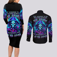 Skull Lady Couples Matching Long Sleeve Bodycon Dress and Long Sleeve Button Shirt Rose Skull She Whispered Back Iam The Storm - Wonder Print Shop