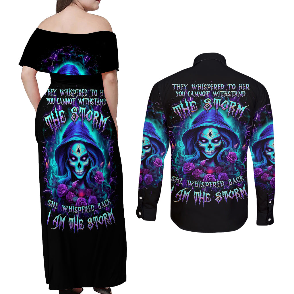 Skull Lady Couples Matching Off Shoulder Maxi Dress and Long Sleeve Button Shirt Rose Skull She Whispered Back Iam The Storm - Wonder Print Shop