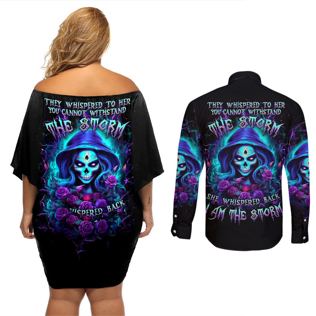 Skull Lady Couples Matching Off Shoulder Short Dress and Long Sleeve Button Shirt Rose Skull She Whispered Back Iam The Storm - Wonder Print Shop