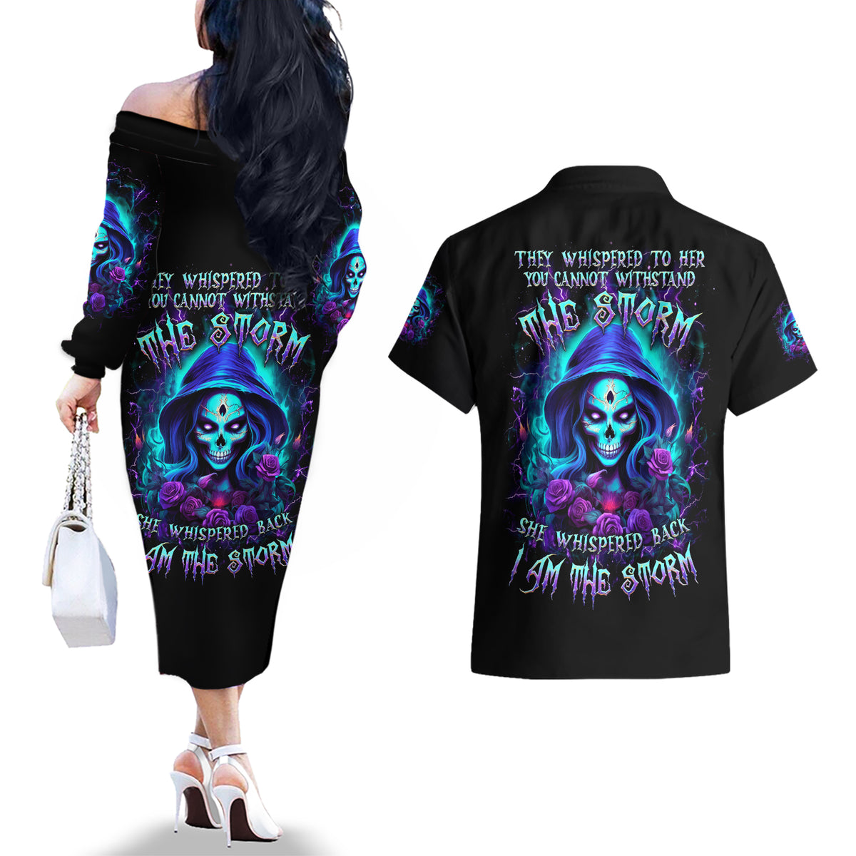 Skull Lady Couples Matching Off The Shoulder Long Sleeve Dress and Hawaiian Shirt Rose Skull She Whispered Back Iam The Storm - Wonder Print Shop
