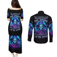 Skull Lady Couples Matching Puletasi and Long Sleeve Button Shirt Rose Skull She Whispered Back Iam The Storm - Wonder Print Shop