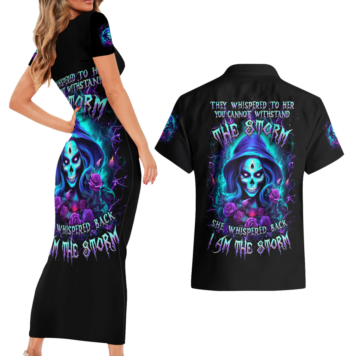 Skull Lady Couples Matching Short Sleeve Bodycon Dress and Hawaiian Shirt Rose Skull She Whispered Back Iam The Storm - Wonder Print Shop