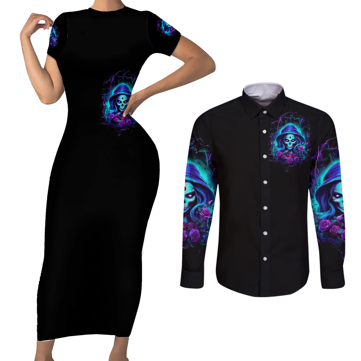 Skull Lady Couples Matching Short Sleeve Bodycon Dress and Long Sleeve Button Shirt Rose Skull She Whispered Back Iam The Storm - Wonder Print Shop