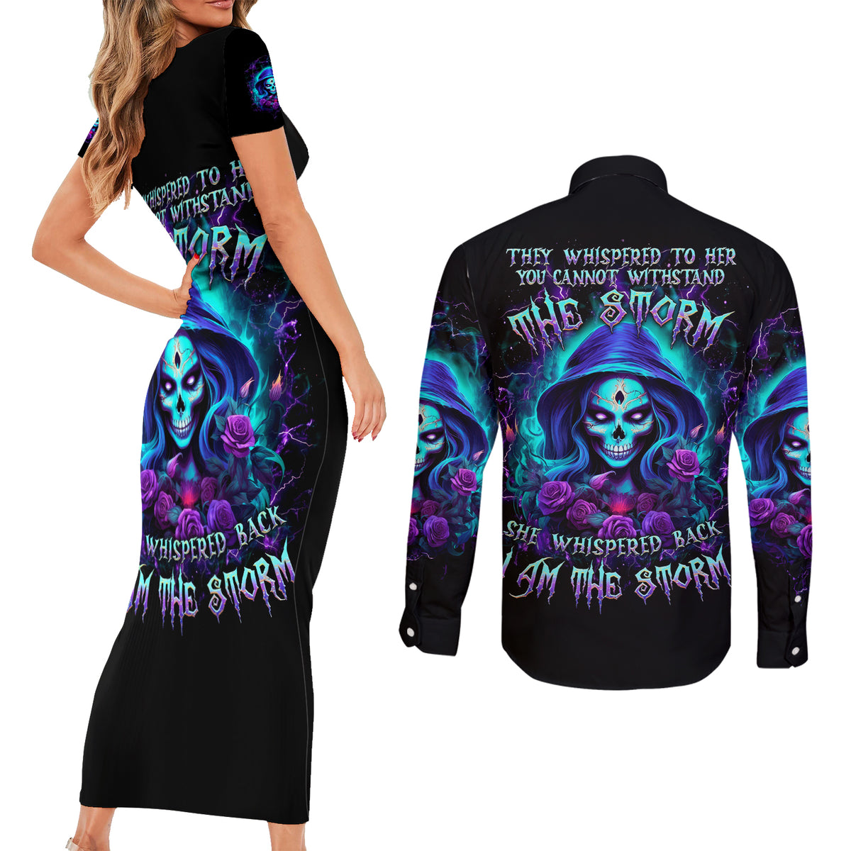 Skull Lady Couples Matching Short Sleeve Bodycon Dress and Long Sleeve Button Shirt Rose Skull She Whispered Back Iam The Storm - Wonder Print Shop