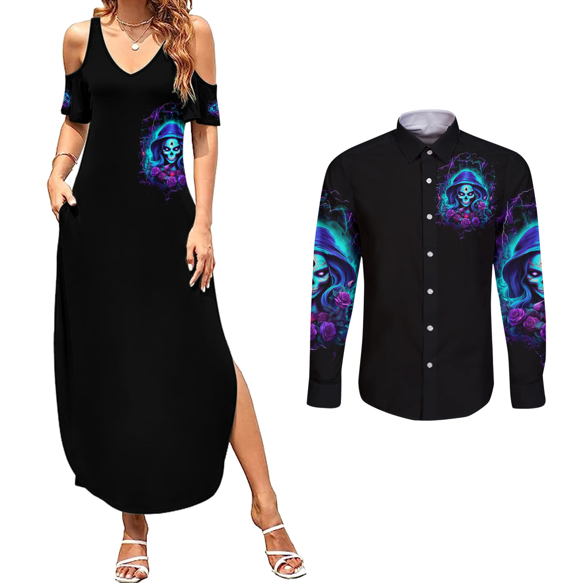 Skull Lady Couples Matching Summer Maxi Dress and Long Sleeve Button Shirt Rose Skull She Whispered Back Iam The Storm - Wonder Print Shop