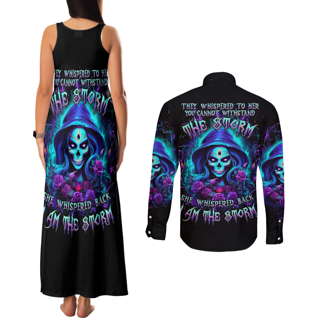 Skull Lady Couples Matching Tank Maxi Dress and Long Sleeve Button Shirt Rose Skull She Whispered Back Iam The Storm - Wonder Print Shop