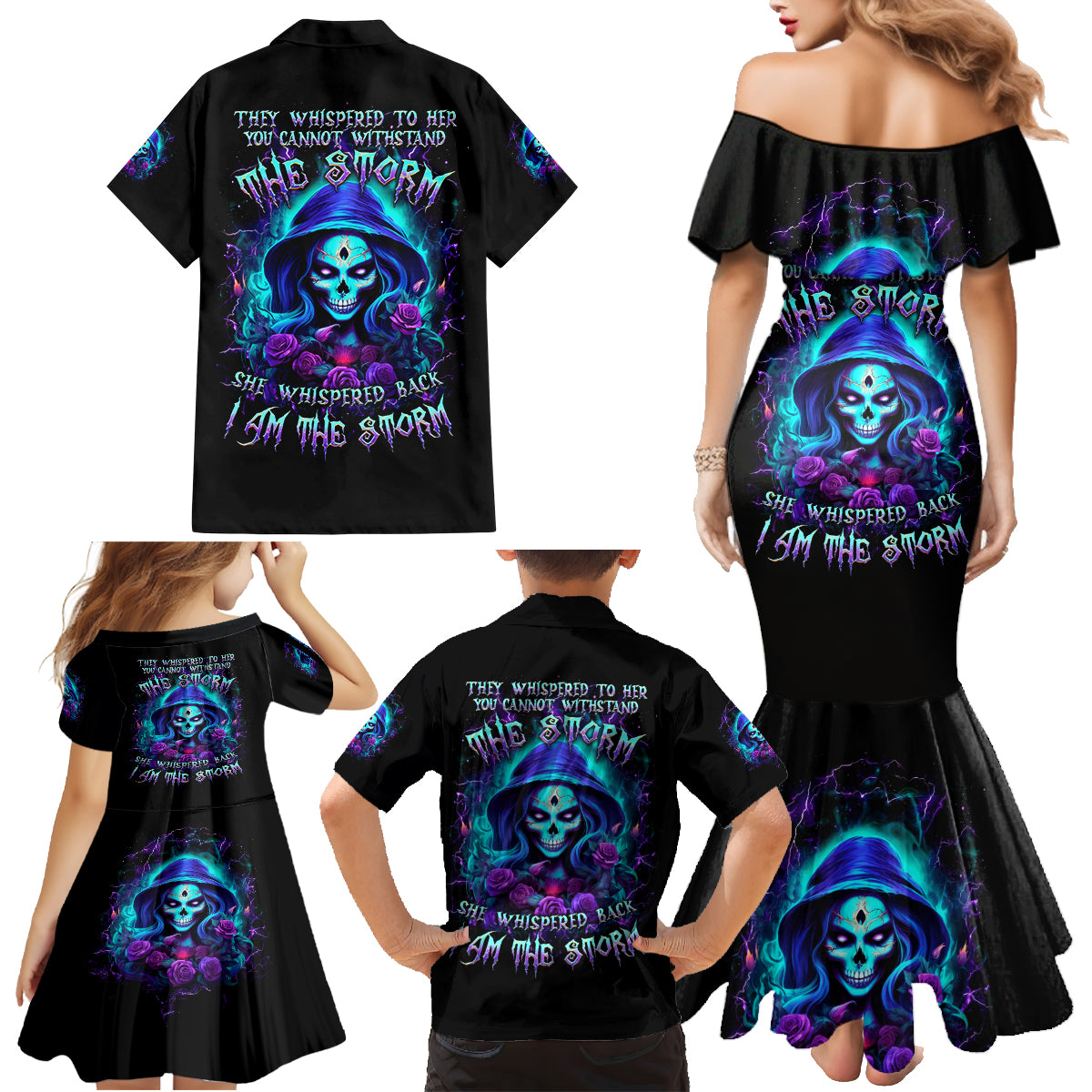 Skull Lady Family Matching Mermaid Dress and Hawaiian Shirt Rose Skull She Whispered Back Iam The Storm - Wonder Print Shop