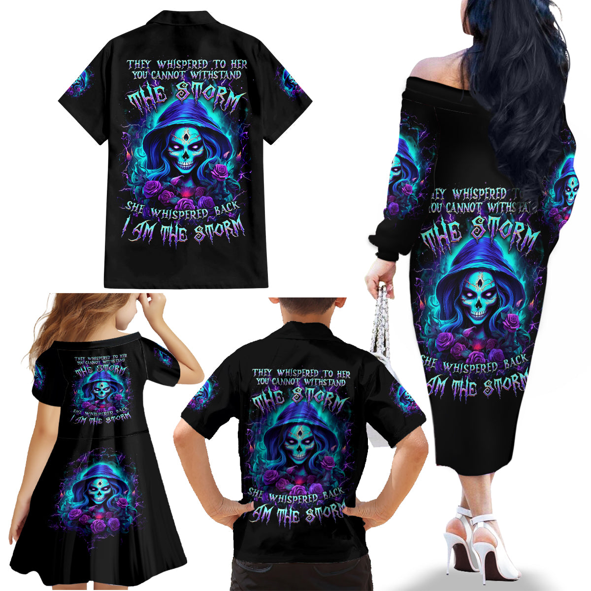 Skull Lady Family Matching Off Shoulder Long Sleeve Dress and Hawaiian Shirt Rose Skull She Whispered Back Iam The Storm - Wonder Print Shop