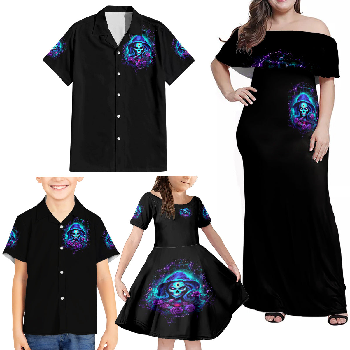 Skull Lady Family Matching Off Shoulder Maxi Dress and Hawaiian Shirt Rose Skull She Whispered Back Iam The Storm - Wonder Print Shop