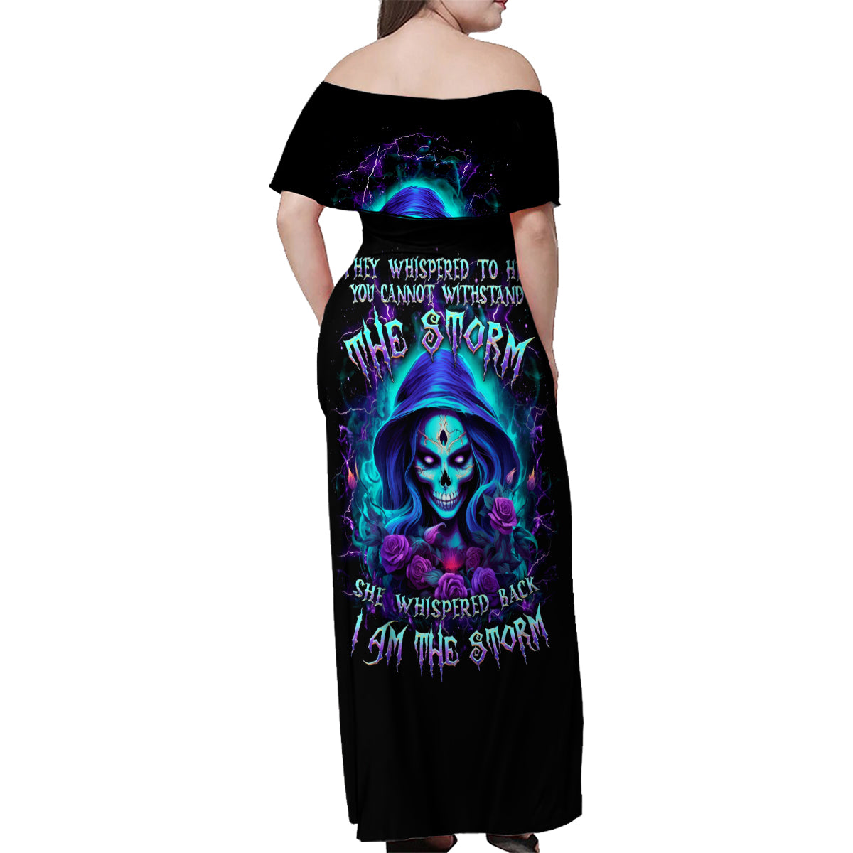 Skull Lady Family Matching Off Shoulder Maxi Dress and Hawaiian Shirt Rose Skull She Whispered Back Iam The Storm - Wonder Print Shop