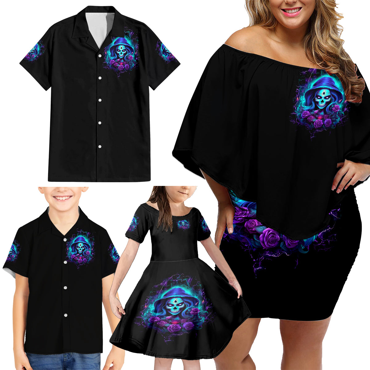 Skull Lady Family Matching Off Shoulder Short Dress and Hawaiian Shirt Rose Skull She Whispered Back Iam The Storm - Wonder Print Shop