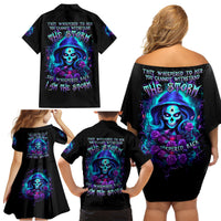 Skull Lady Family Matching Off Shoulder Short Dress and Hawaiian Shirt Rose Skull She Whispered Back Iam The Storm - Wonder Print Shop