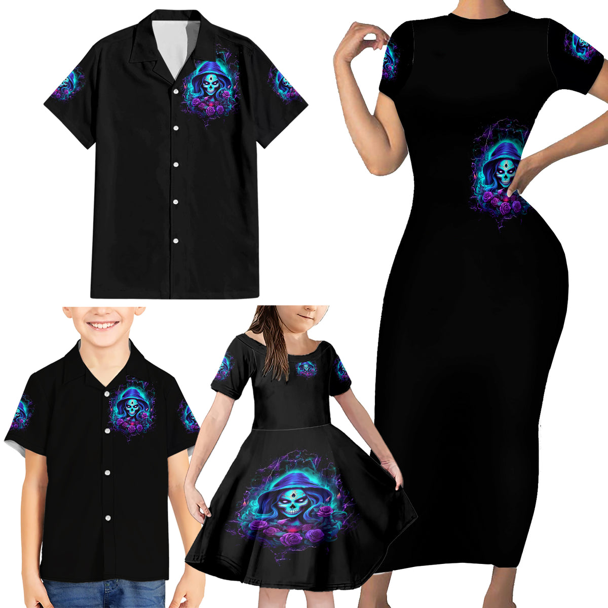 Skull Lady Family Matching Short Sleeve Bodycon Dress and Hawaiian Shirt Rose Skull She Whispered Back Iam The Storm - Wonder Print Shop