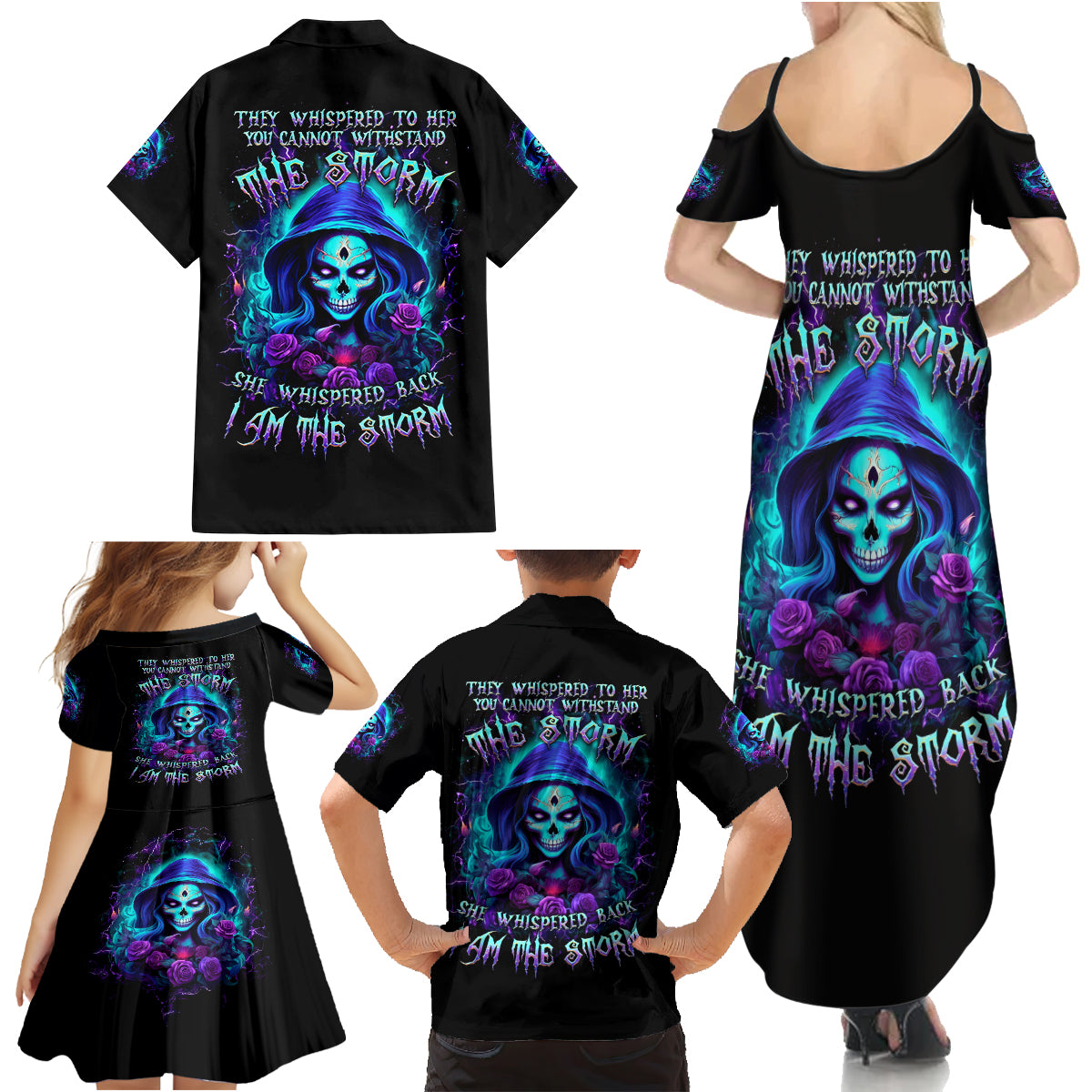 Skull Lady Family Matching Summer Maxi Dress and Hawaiian Shirt Rose Skull She Whispered Back Iam The Storm - Wonder Print Shop
