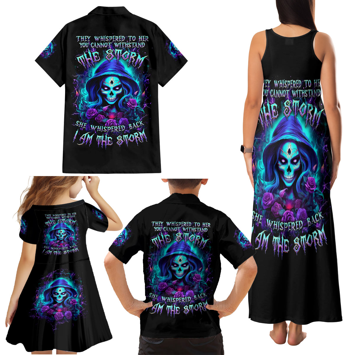 Skull Lady Family Matching Tank Maxi Dress and Hawaiian Shirt Rose Skull She Whispered Back Iam The Storm - Wonder Print Shop