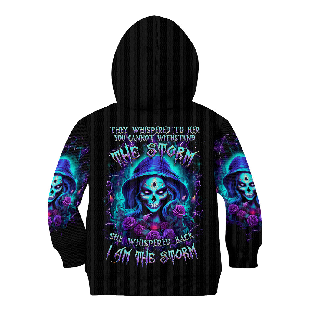 Skull Lady Kid Hoodie Rose Skull She Whispered Back Iam The Storm - Wonder Print Shop