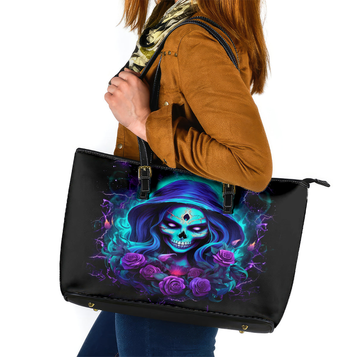 Skull Lady Leather Tote Bag Rose Skull She Whispered Back Iam The Storm - Wonder Print Shop
