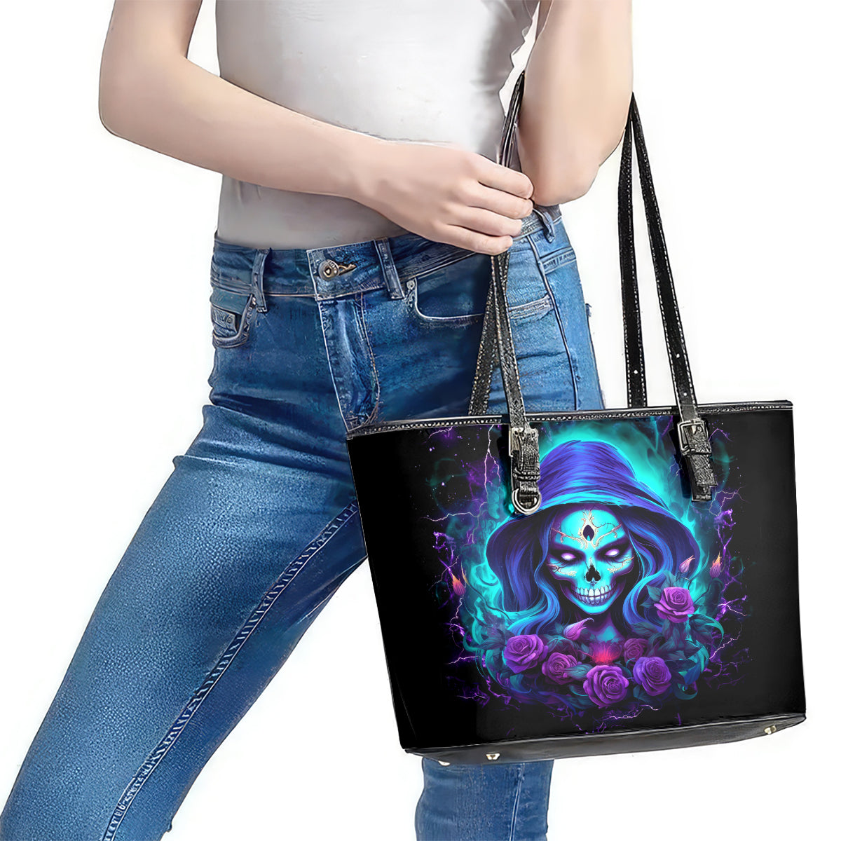 Skull Lady Leather Tote Bag Rose Skull She Whispered Back Iam The Storm - Wonder Print Shop