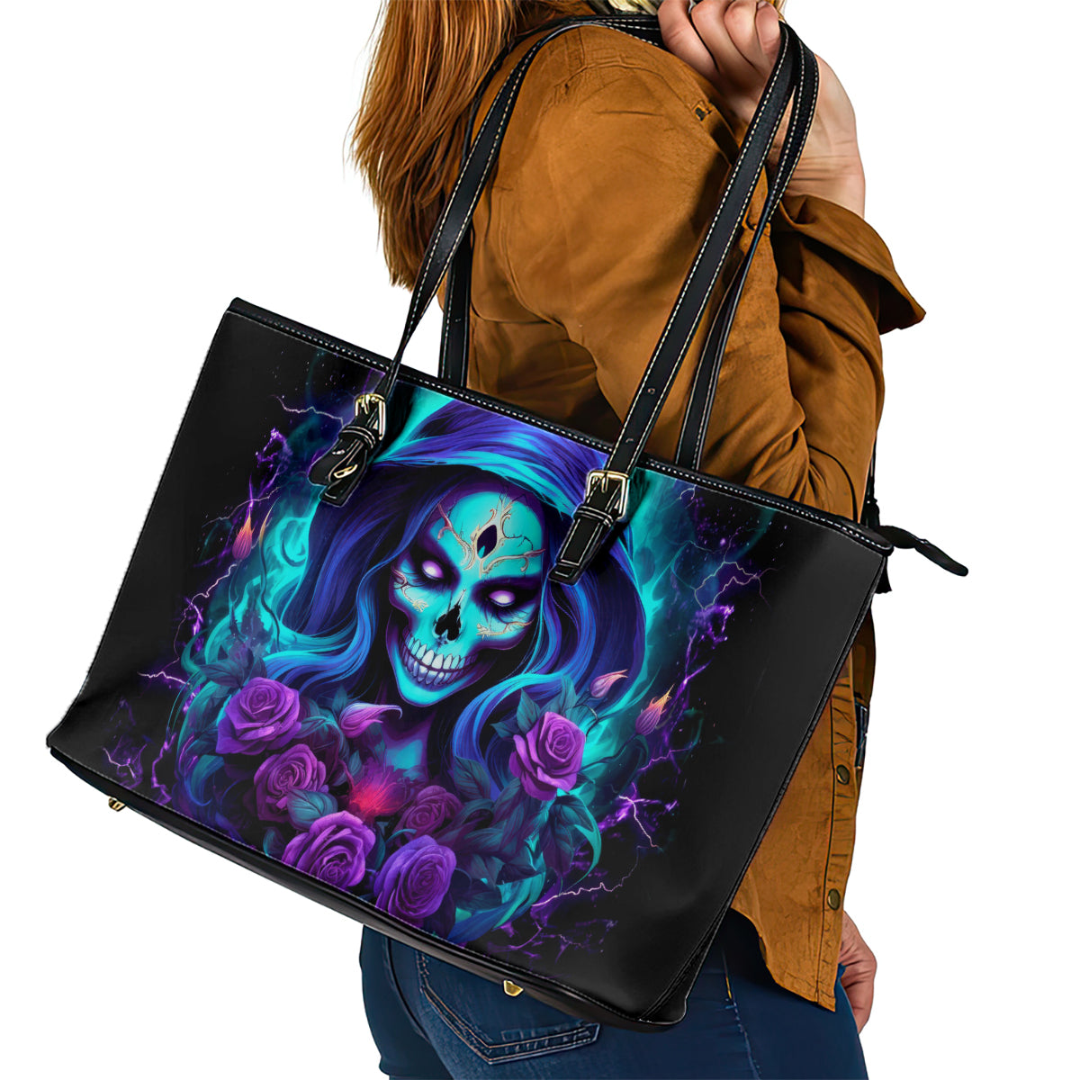 Skull Lady Leather Tote Bag Rose Skull She Whispered Back Iam The Storm - Wonder Print Shop