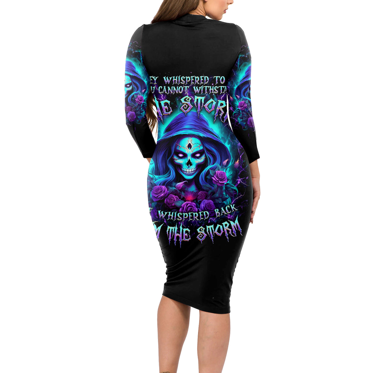 Skull Lady Long Sleeve Bodycon Dress Rose Skull She Whispered Back Iam The Storm - Wonder Print Shop